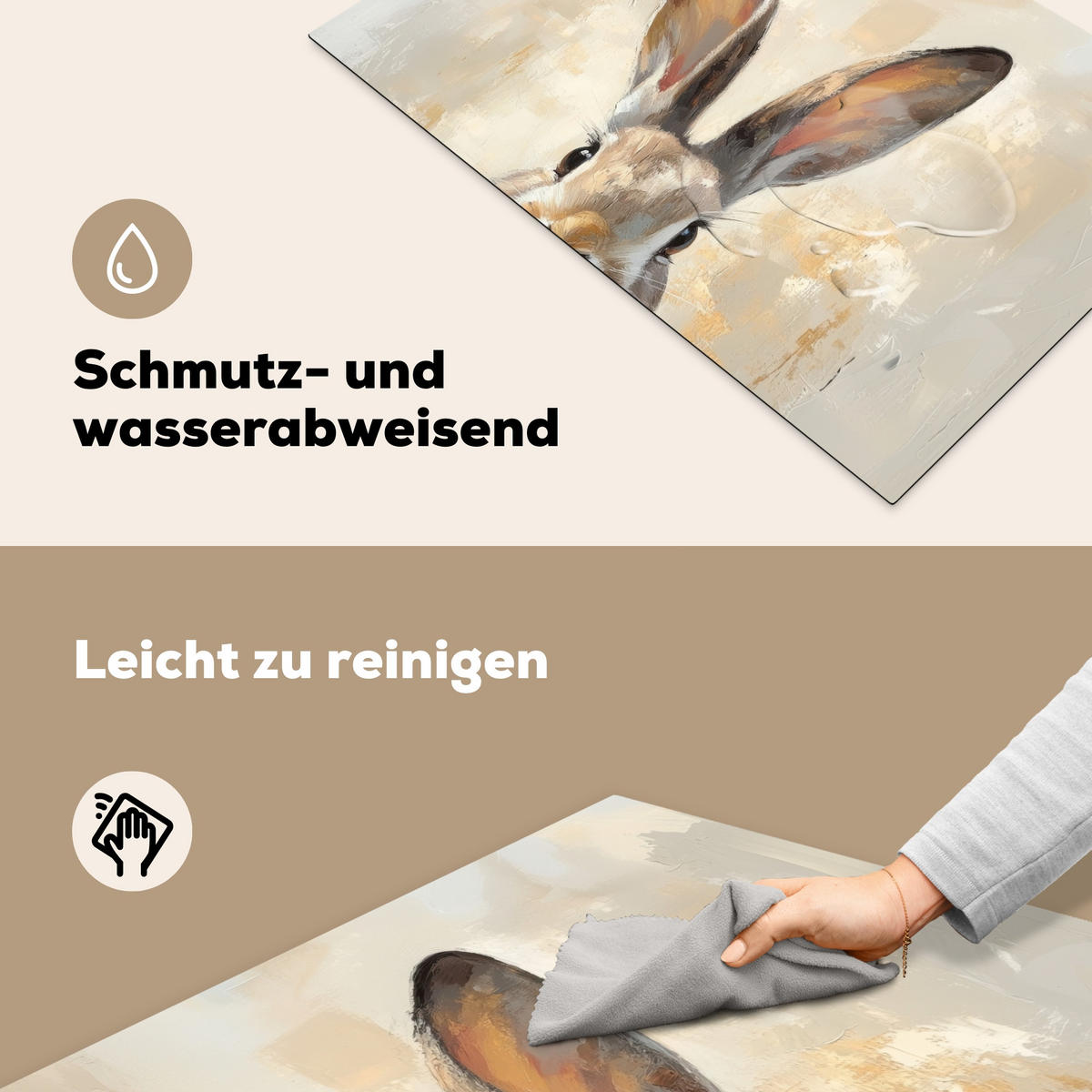 HERDABDECKPLATTE Hase - Ohren - Braun Induktionsschutz 81.6x52.7 cm - Beige, Kunststoff (81.6/52.7/0.2cm) - MuchoWow
