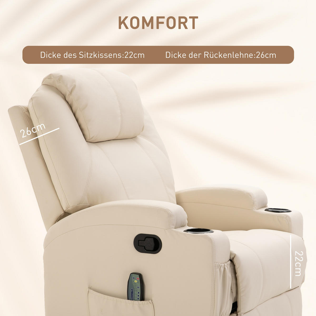 MASSAGESESSEL Fernsehsessel Elektrisch Relaxsessel 5 Massage-Modi Cremeweiß - Creme/Schwarz, Leder/Metall (92/109/84cm) - HOMCOM