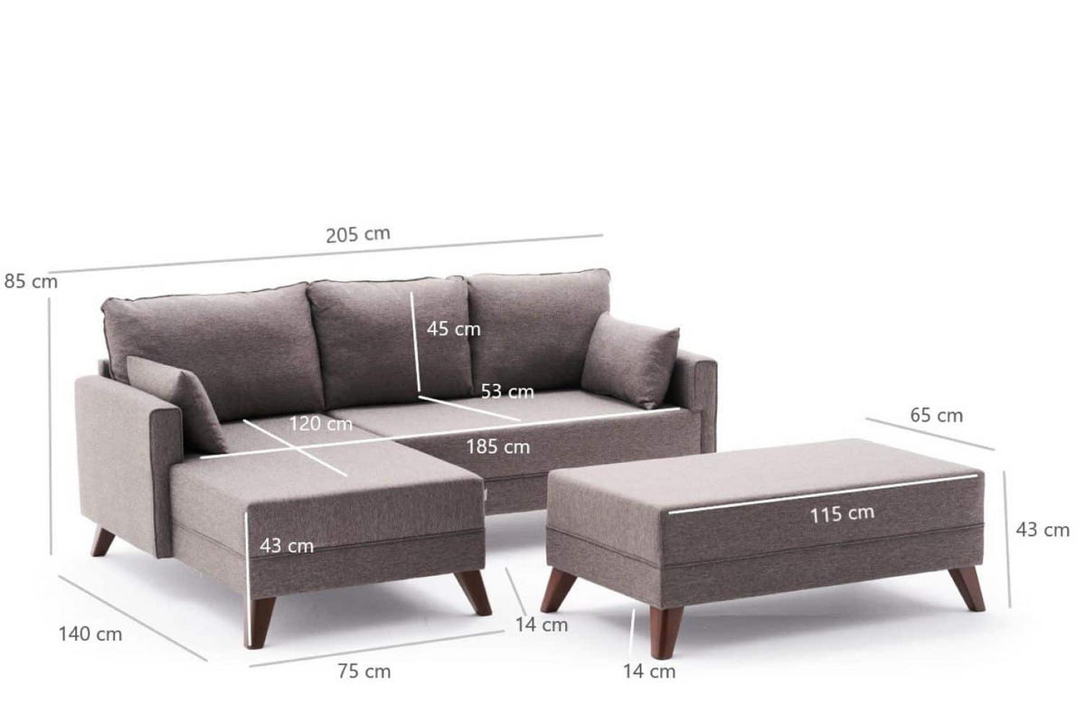 ECKSOFA mit Hocker als Schlaffläche, perfekt für kleine Räume - Taupe/Walnussfarben, Holz/Kunststoff (205/140cm) - myHomelando