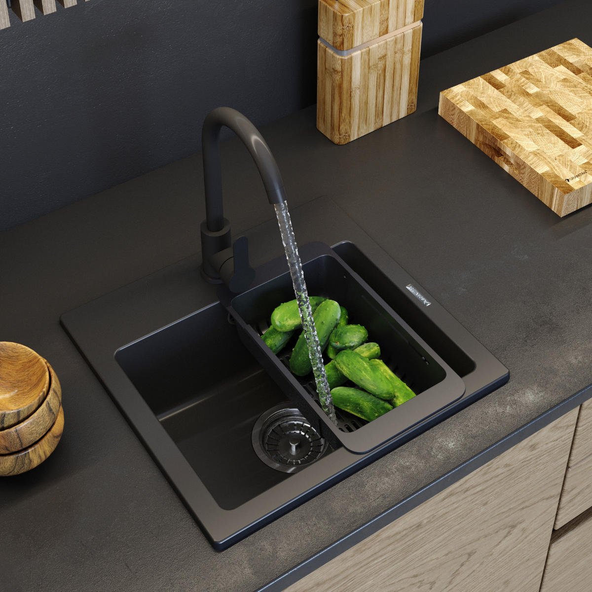 GRANITSPÜLE Teor mit Batterie Siphon - Schwarz, Kunststoff/Stein (42/17/46cm) - Granitan