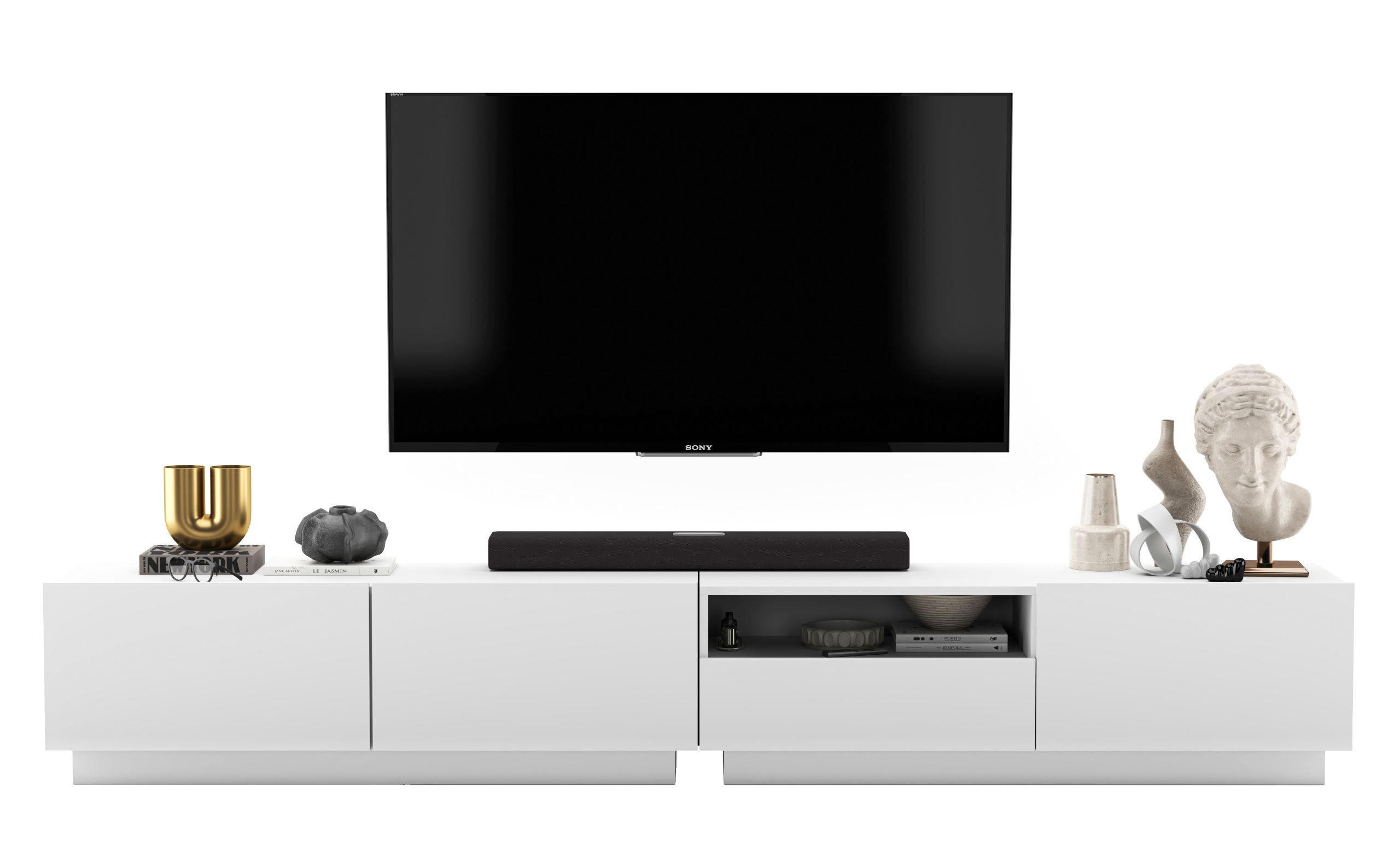 Meble Lindner SADA 2 TV stolků Enjoy Bílá mat 240 cm se zásuvkou a soklem