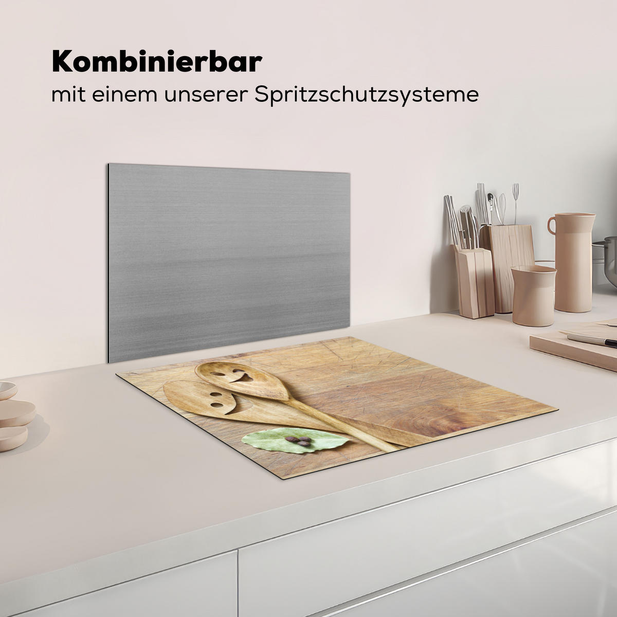 KRYT NA INDUKČNÍ DESKU Dřevo - Lžíce - Hnědá - Smiley 57.6x51.6 cm - světle hnědá, plast (57.6/51.6/0.2cm) - MuchoWow