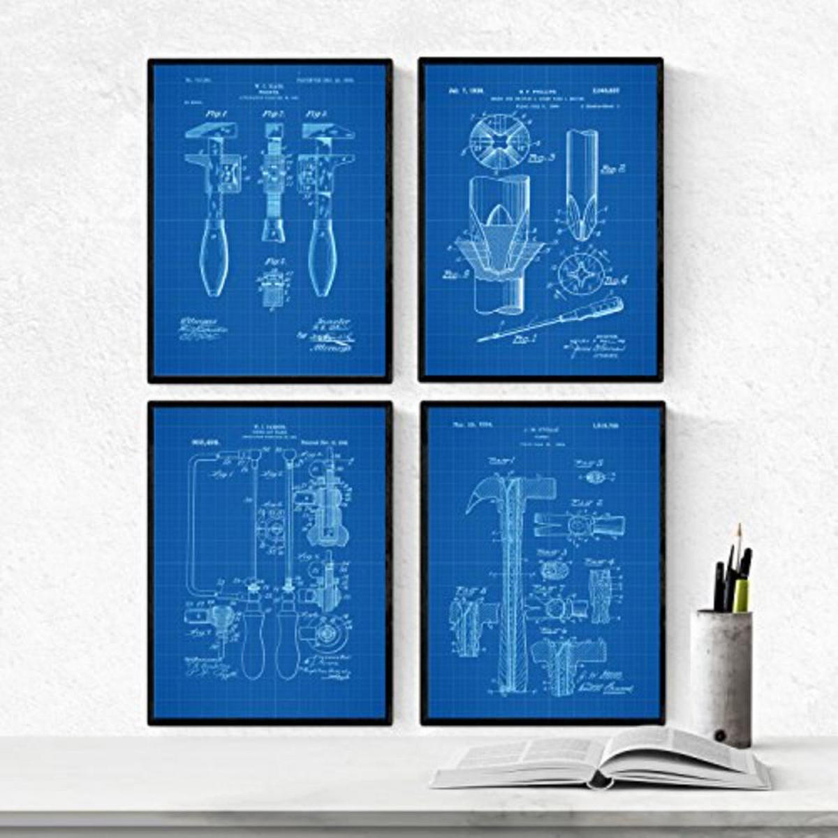 POSTER Set mit 4 Blau Werkzeug Patenten A4 Rahmenlos - Klar, Papier (29.7/3cm) - Nacnic