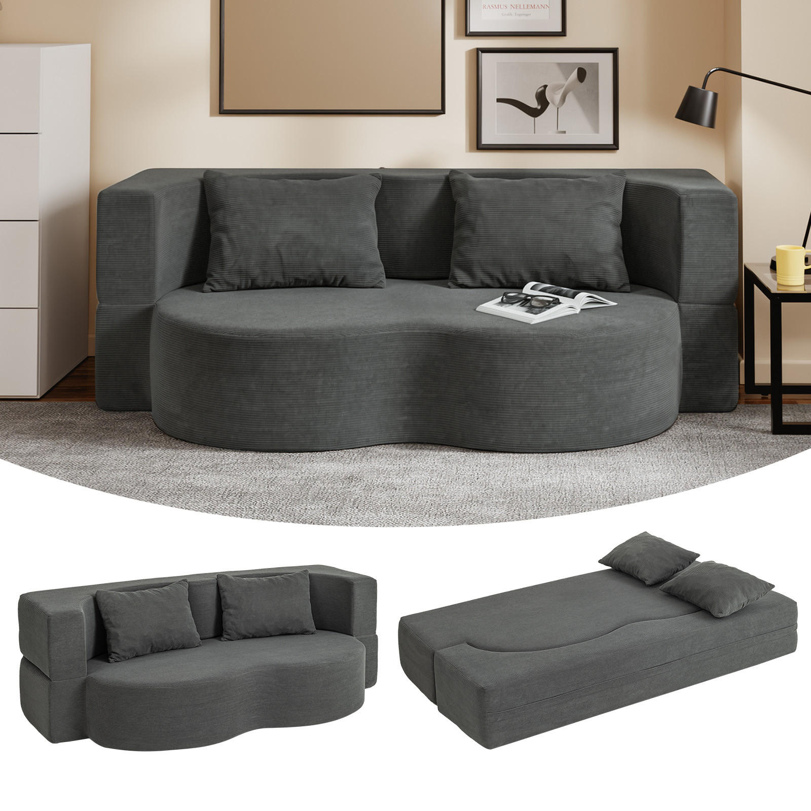SOFA ausziehbar FST101-DG - Dunkelgrau/Ahornfarben, Fell/Textil (177/32/107cm) - SoBuy