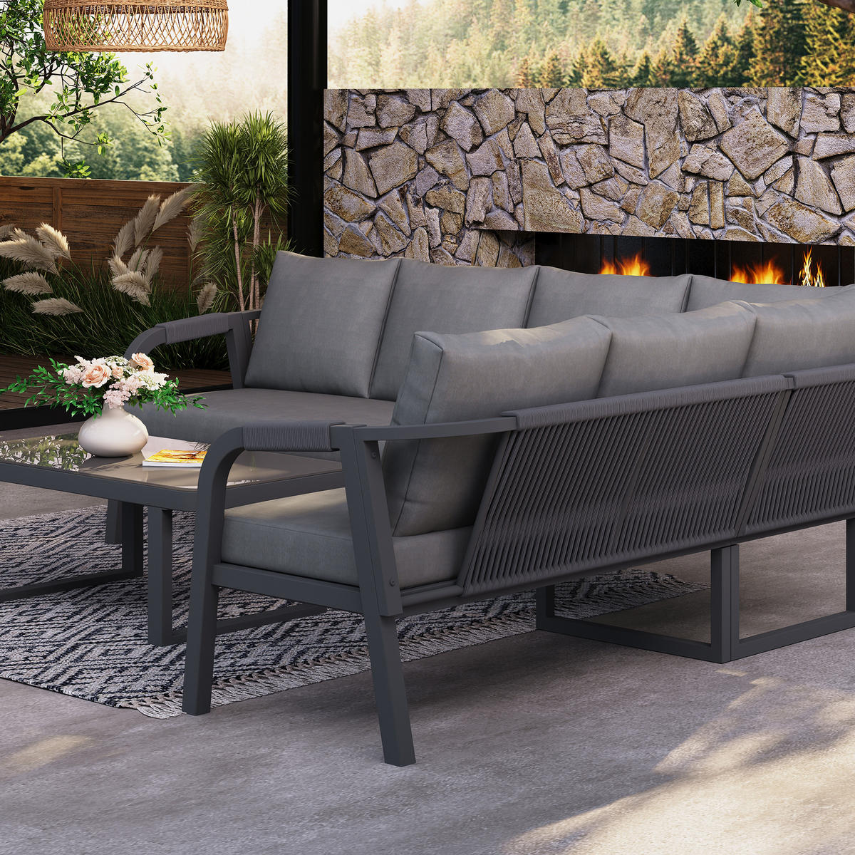 GARTENMÖBEL-SET 6 Personen Ecksofa Couchtisch Stahl Grau - Grau, Textil - FLIEKS