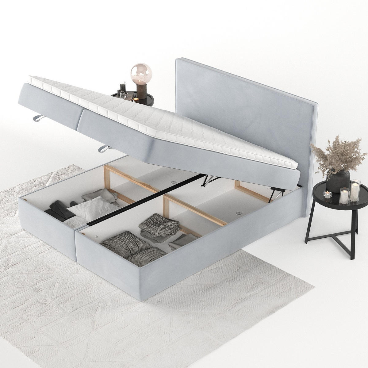 BOXBETT Velma 160/200 cm Hellgrau im Paros Stoff - Hellgrau/Schwarz, Holz/Holzwerkstoff (160/200cm) - AltaBeds