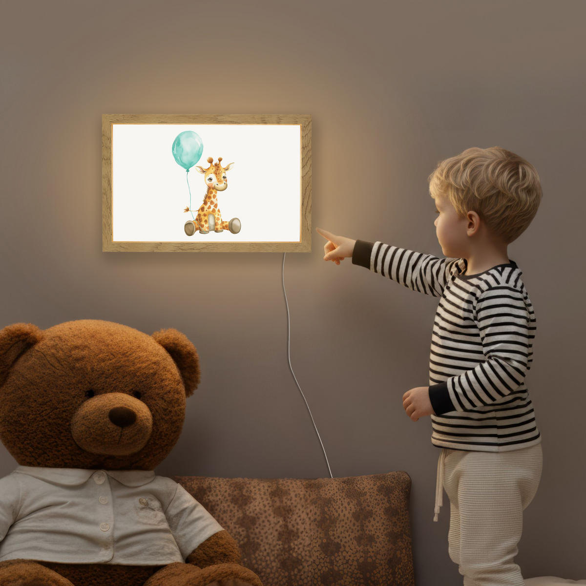 NACHTTISCHLAMPE Giraffe - Baby - Tiere - Blauer Ballon 30x20 cm - Weiß, Holzwerkstoff (8/30/20cm)
