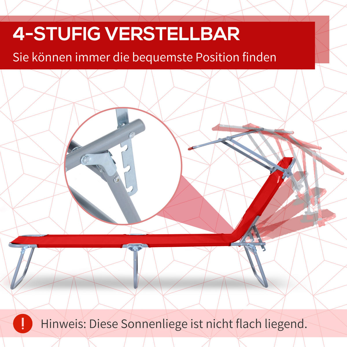 SONNENLIEGE DE-07703 klappbar, mit Dach, 4-fach verstellbar Rot - Rot, Metall (58/36/187cm) - ComfortXL