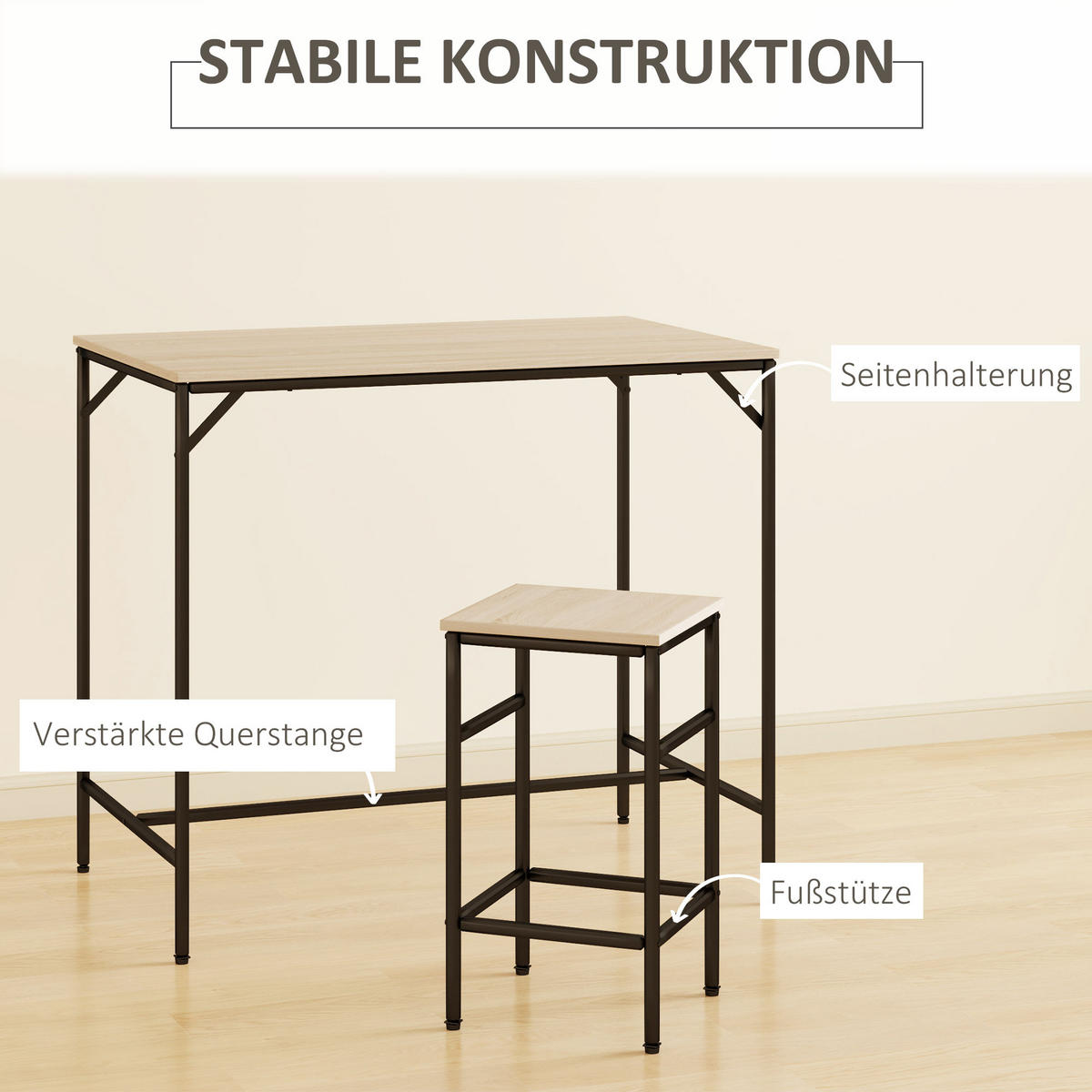BARTISCH-SET 5-teilig DE-08022 mit 4 Barhockern, Stahl Eiche - Eichefarben, Metall (60/88/100cm) - ComfortXL