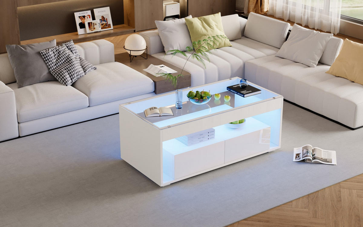 COUCHTISCH, Hochglanz Weiß mit 2 Schubladen, LED-App-gesteuert, gehärtetes Glas, 100/50/40 cm,Weiß - Weiß, Holzwerkstoff (100/50/40cm) - Redom
