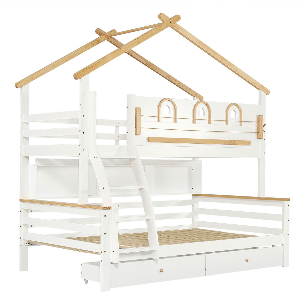 ETAGENBETT mit Schubladen und Treppe 90x200/120x200 cm Weiß/Natur - Weiß, Holz (90/200cm) - Meubliv