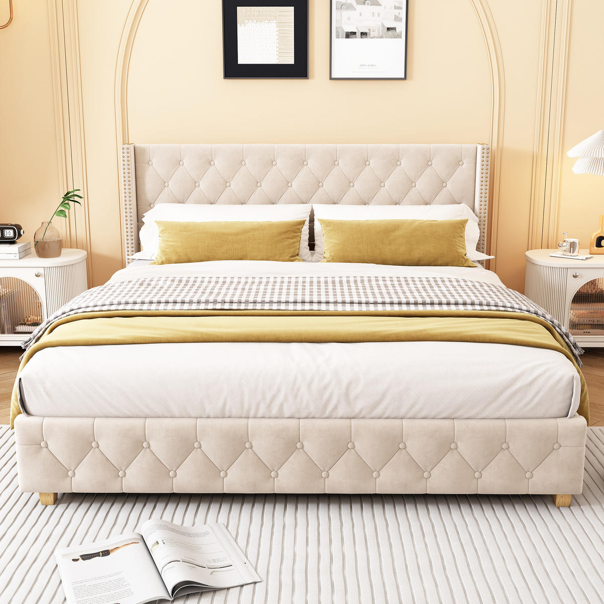 POLSTERBETT 160/200 cm Hellbeige mit Lattenrost und Kopfteil, Knopfpolsterung - Beige, Textil (160/200cm) - OKWISH