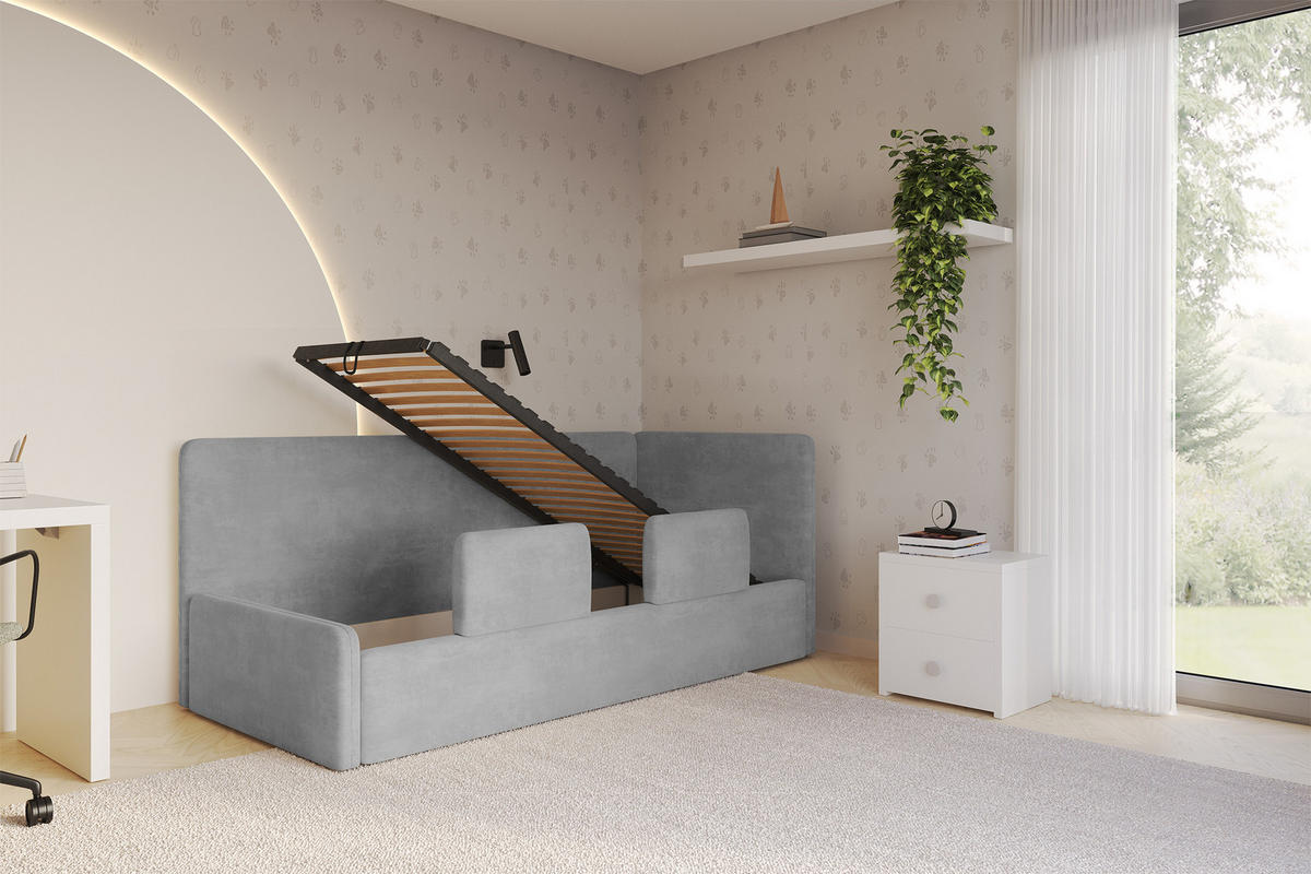 EINZELLBETT Jugendbett mit Bettkasten, Links - NORY 80x200 Grau - Hellgrau, Holzwerkstoff/Textil (80/200cm) - ALTDECOR