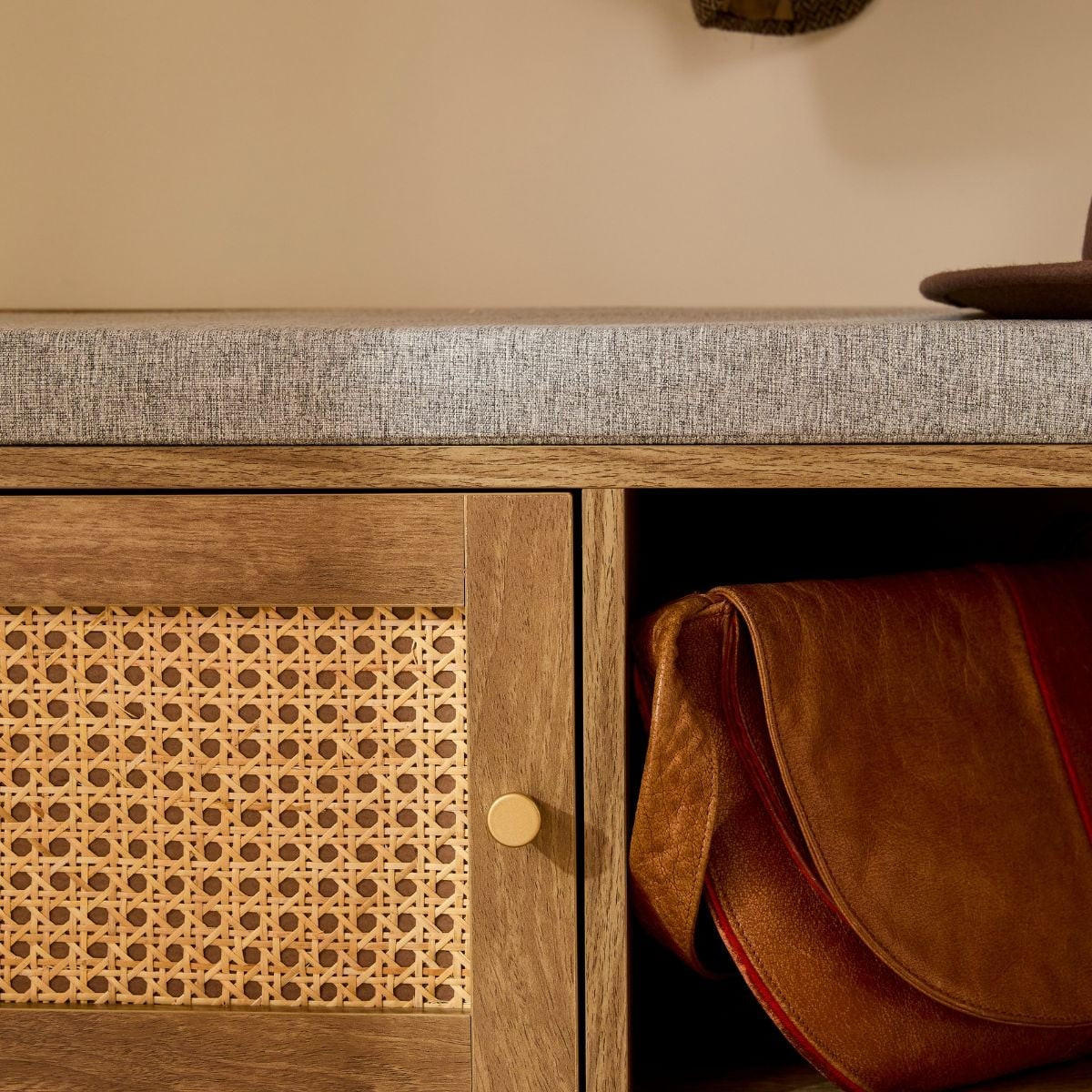 SCHUHBANK 1 Tür mit Rattanfront und 3 offenen Fächern L100 cm 39/100/49 cm - Eschefarben, Holzwerkstoff (46/49/39cm) - Calicosy