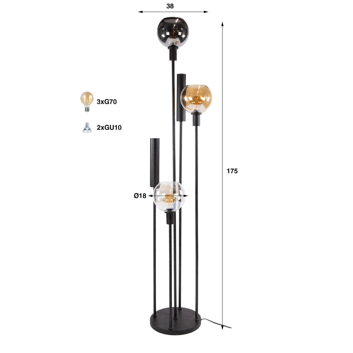 STEHLEUCHTE Sfera Schwarz 38/38/175 cm - Schwarz, Glas (38/38/175cm) - Hoyz Collection