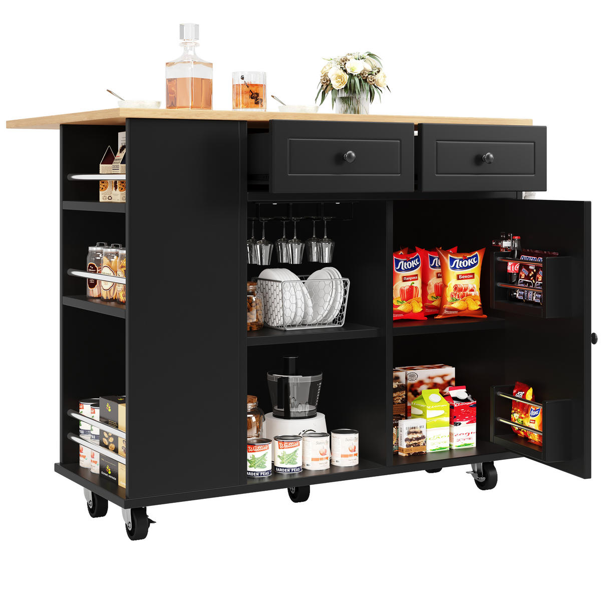 KÜCHENINSEL Schwarz Holzoptik mit Snackfach & Glashalter - Schwarz, Holz (42/91.5/120cm) - SHOPENTRA
