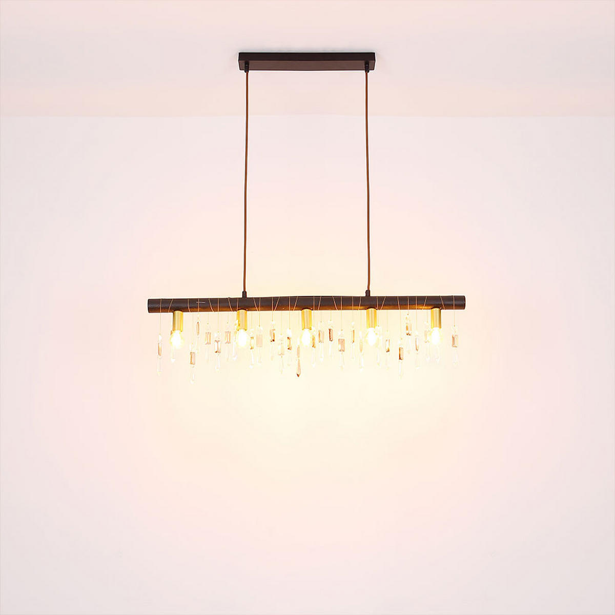 HÄNGELEUCHTE Glaskristalle Schwarz Textilkabel - Schwarz, Holz (90/6/120cm) - Globo Lighting