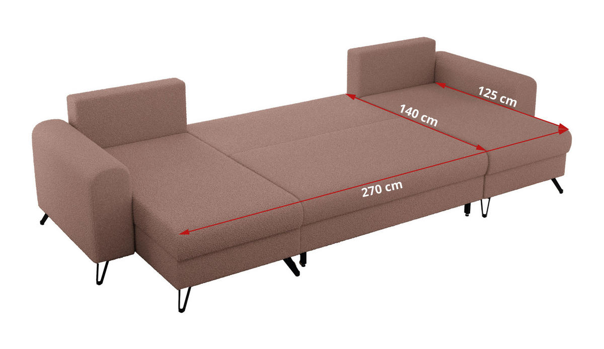 WOHNLANDSCHAFT AXEL U Boucle Rosa - Schwarz/Rosa, Textil/Metall (312/90/140cm) - MKS