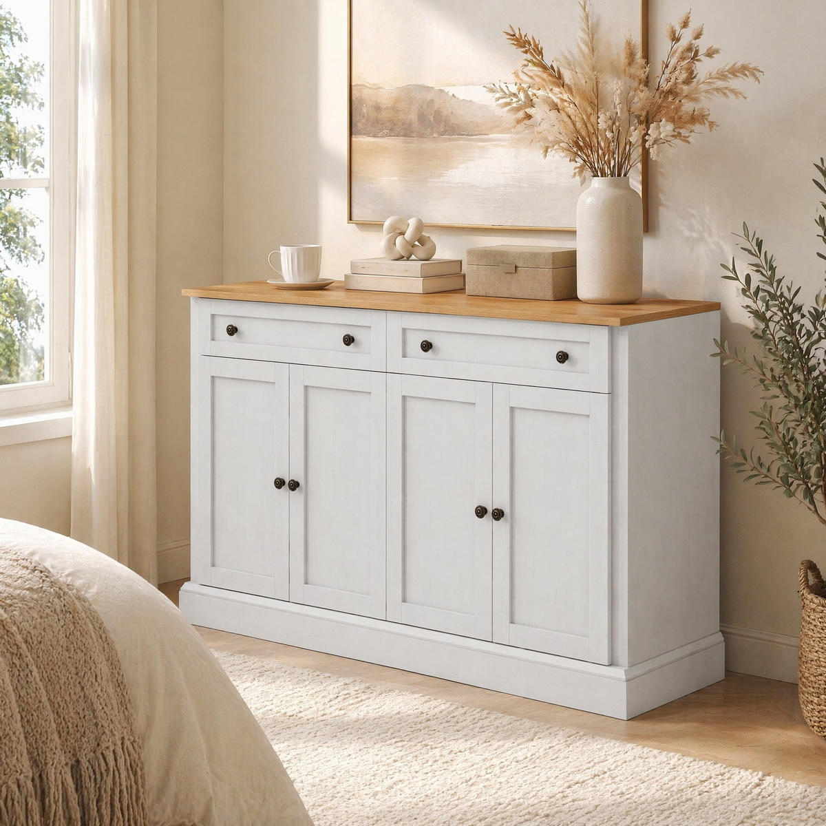 SIDEBOARD in Naturfarbe und Weiß Anrichte mit 4 Türen und 2 Schubladen für Esszimmer und Wohnzimmer, B150/T40/H86 cm - Naturfarben/Weiß, Holzwerkstoff (148/86/40cm) - STILVORA