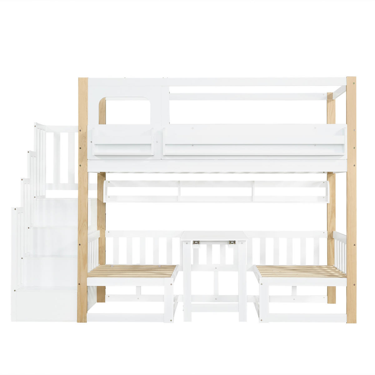 ETAGENBETT 90/200 cm mit Klapptisch, Aufbewahrungstreppe und Bücherregal, Kiefer/MDF, Weiß/Natur - Weiß, Holz (90/200cm) - Redom