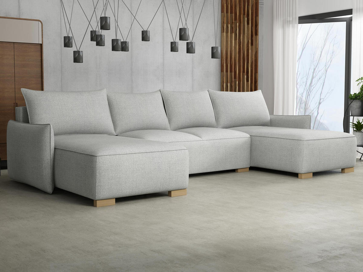 WOHNLANDSCHAFT Focus U - Hellgrau/Naturfarben, Holz/Textil (328/87/155cm) - MIRJAN24