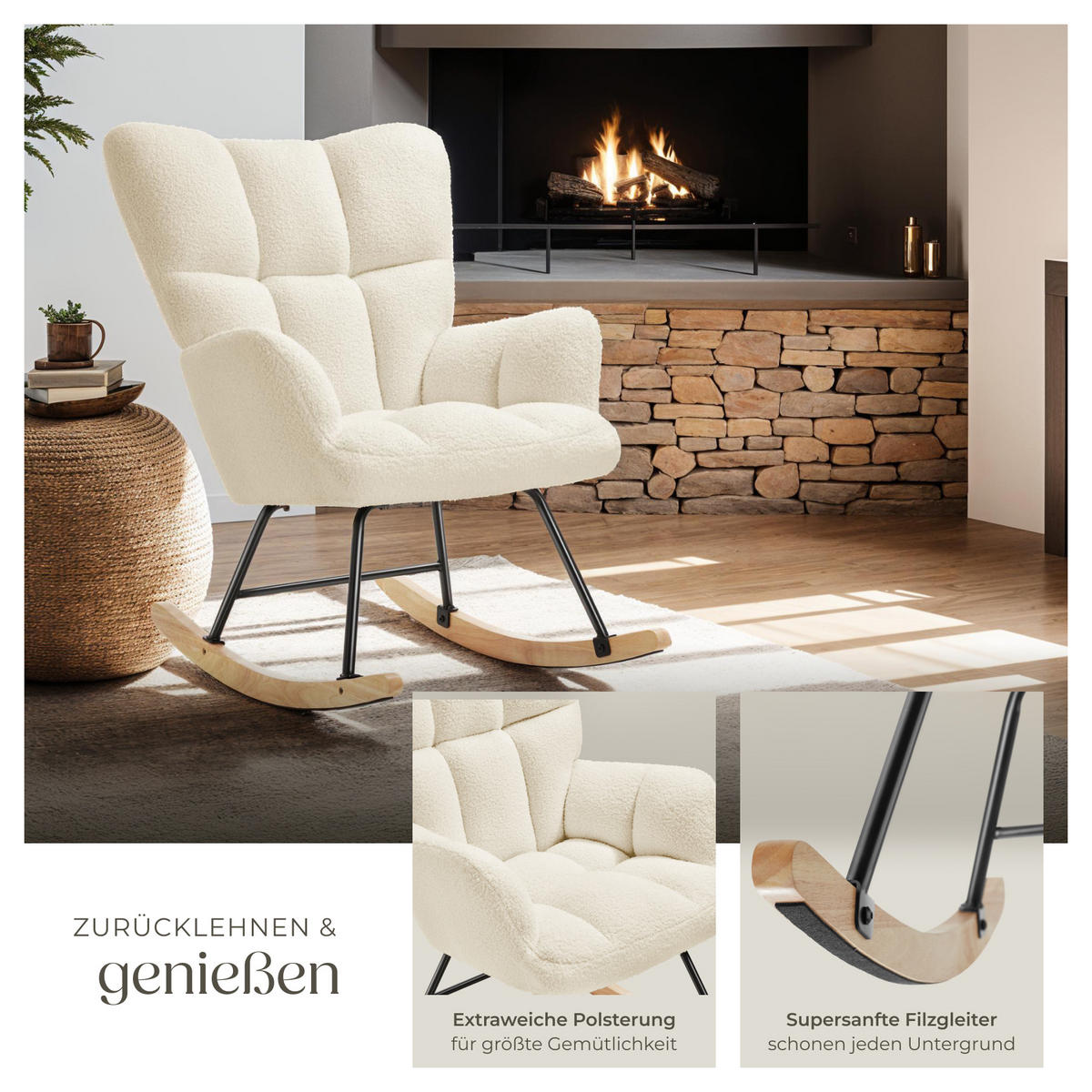 SCHAUKELSTUHL Torve,68 x 96 x 97 cm, Belastbarkeit 120 kg,Bouclé beige - Beige, Kunststoff (70/97/96cm) - tectake