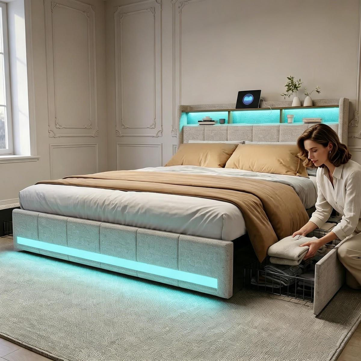 DOPPELBETT,BETT 140x200 mit Schubladen und LED&Ladefunktion,Beige - Beige, Holz/Textil (140/200cm) - PARAFTA HOME