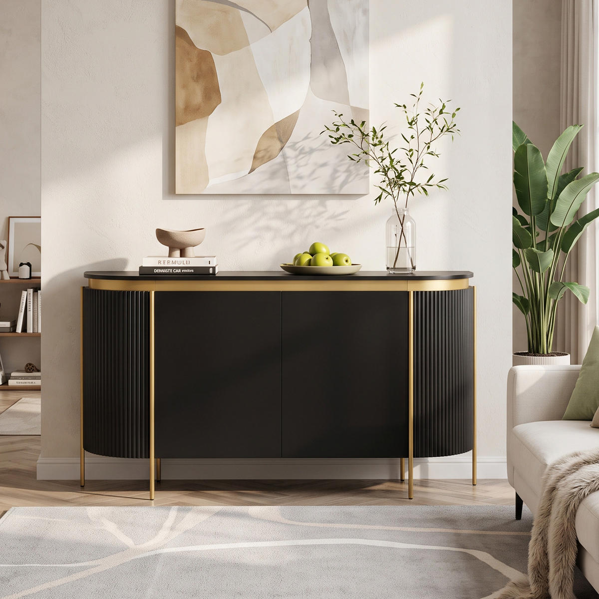 SIDEBOARD Oval 140cm MDF Riffel-Optik 4 Türen Gold-Details - Schwarz, Holzwerkstoff (140/80/38cm) - Urban Meuble
