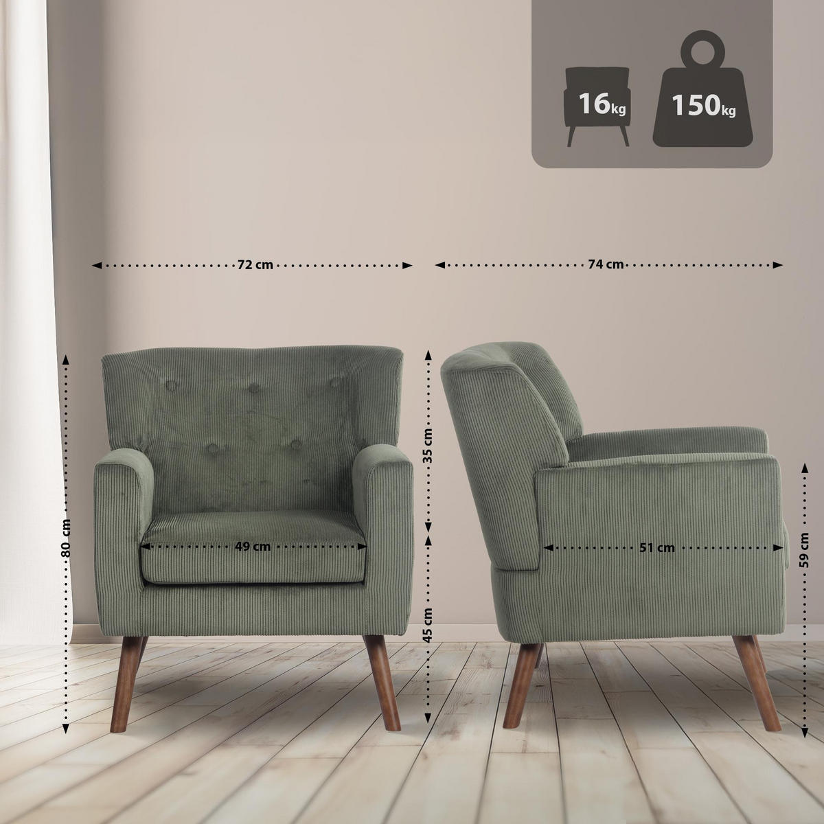 SESSEL Cord Grün - Braun/Grün, Holz/Textil (72/80/74cm) - CLP