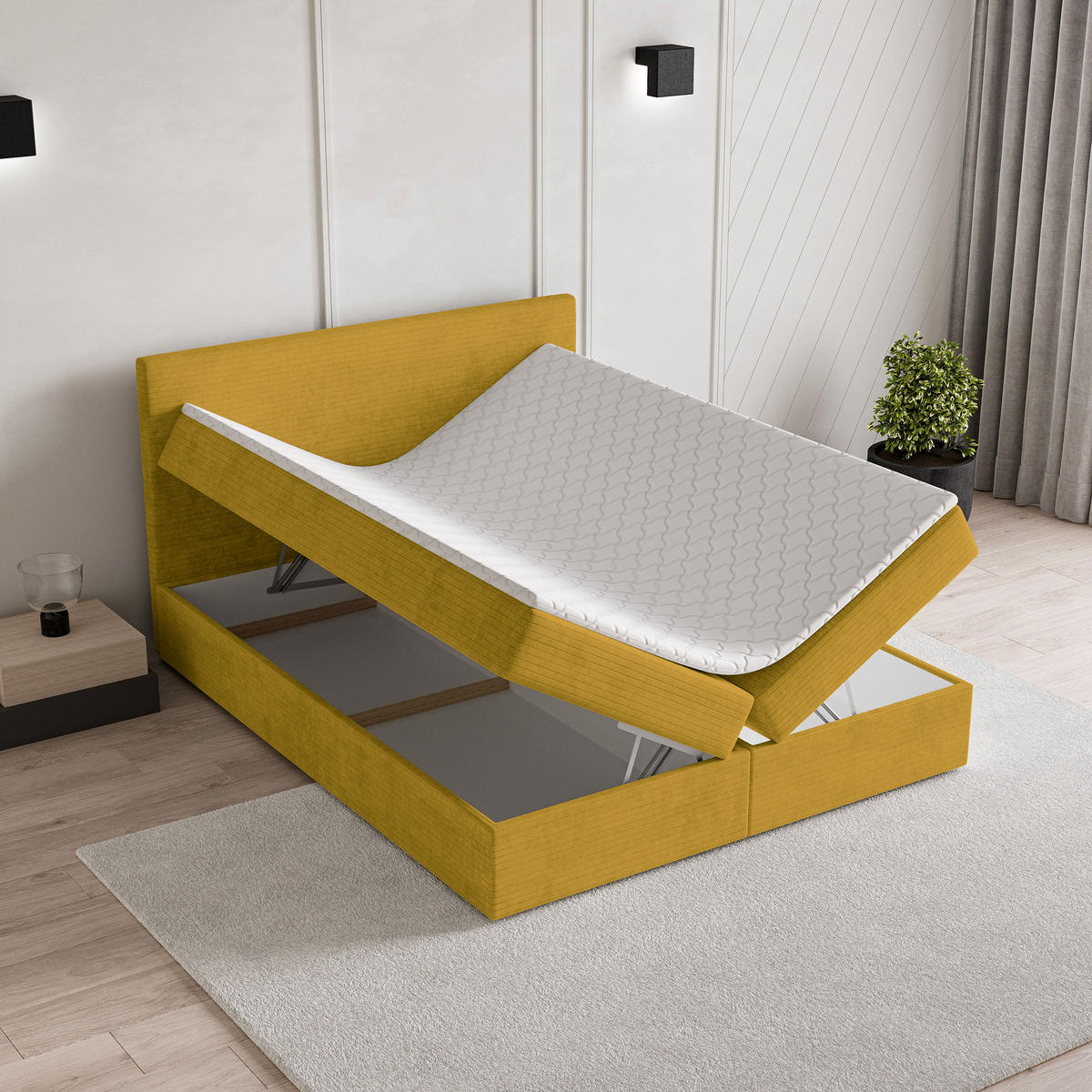 BOXBETT NIRA 180x200 cm mit Matratze und Topper - Gelb - Gelb, Holz (180/200cm) - MASSENO