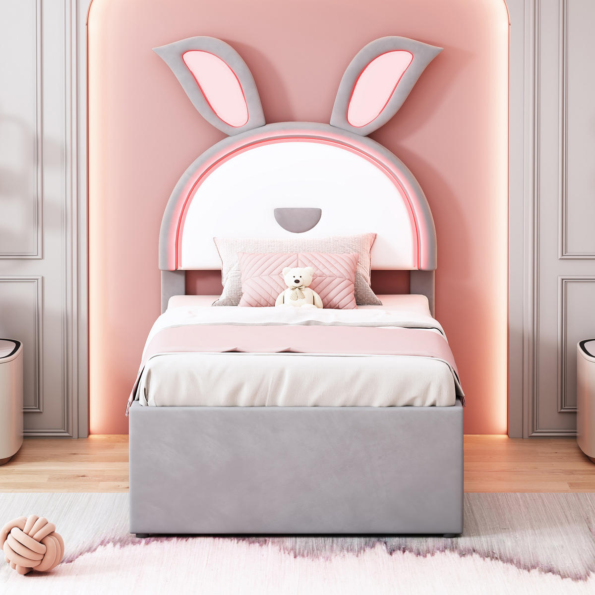 KINDERBETT 90/200 cm grau mit Ausziehbett und LED-Beleuchtung - Grau, Textil (90/200cm) - OKWISH