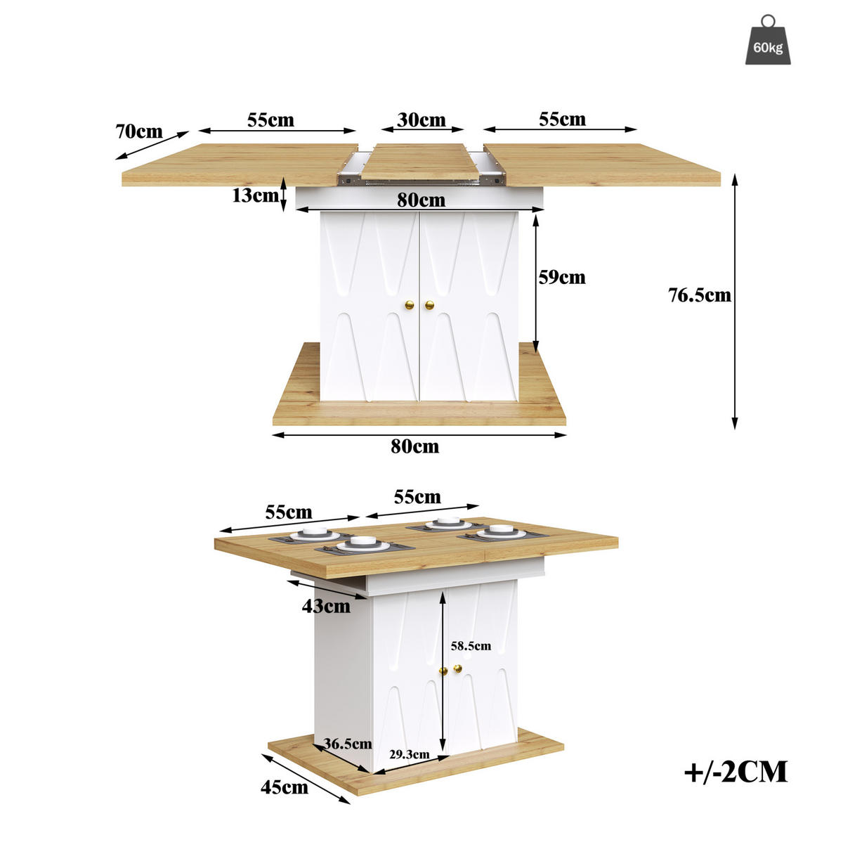 ESSTISCH aus MDF und Metall 110x70x76,5 cm Weiß mit Ausziehfunktion und integriertem Stauraum - Weiß, Holzwerkstoff (110/70/76.5cm) - Modfu