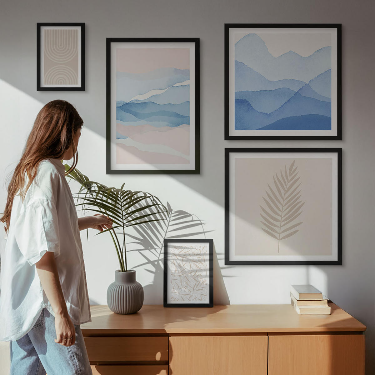 WANDBILDER 5er-Set - 50x50 cm & 20x30 cm & 40x60 cm Schwarzer Rahmen - Blätterwellen beige blau - Schwarz, Kunststoff (40/60cm) - ArtPrintCave