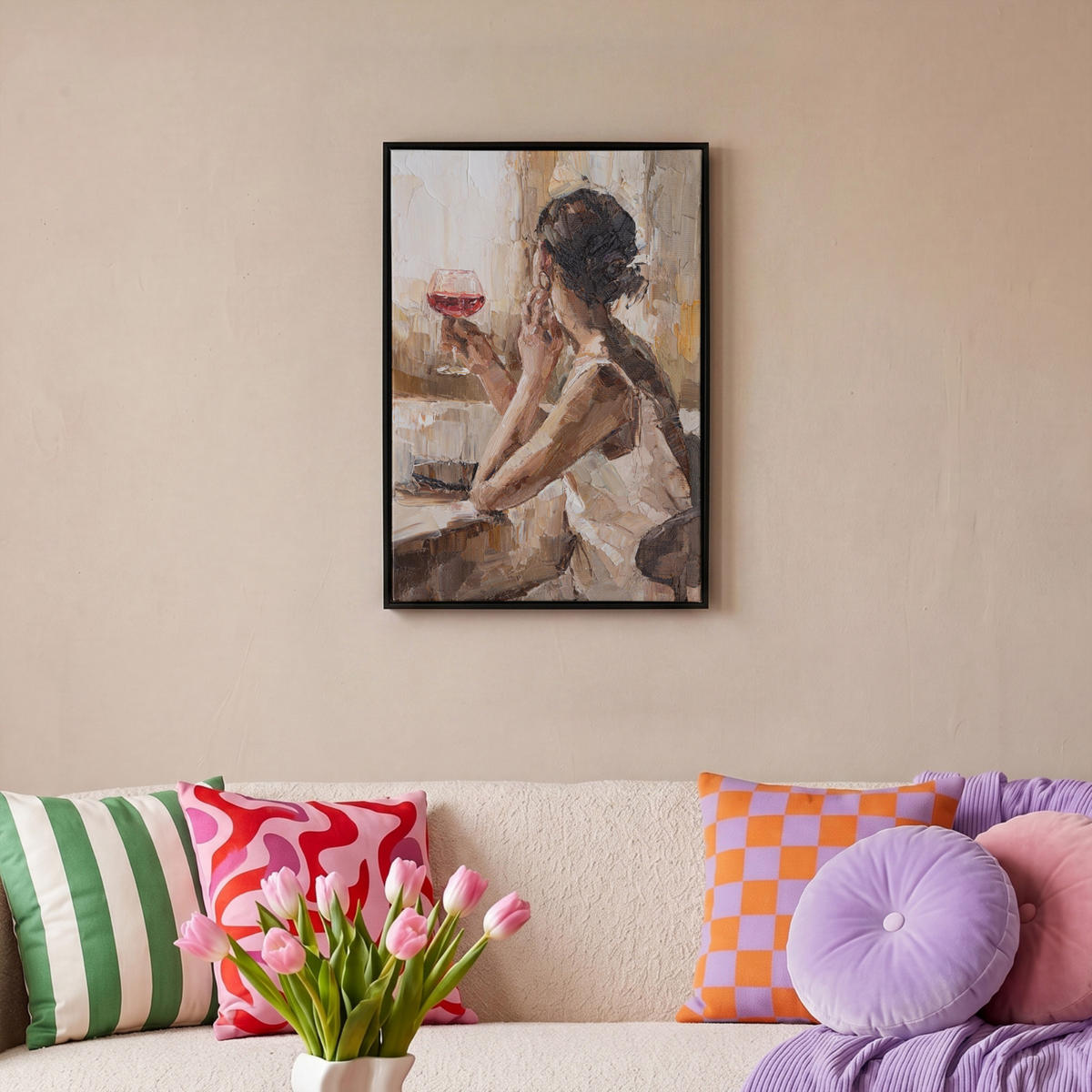 LEINWAND Bilder mit Rahmen - Ölgemälde - Frau - Wein - 40x60 - Hellbraun, Textil (40/60cm) - MuchoWow