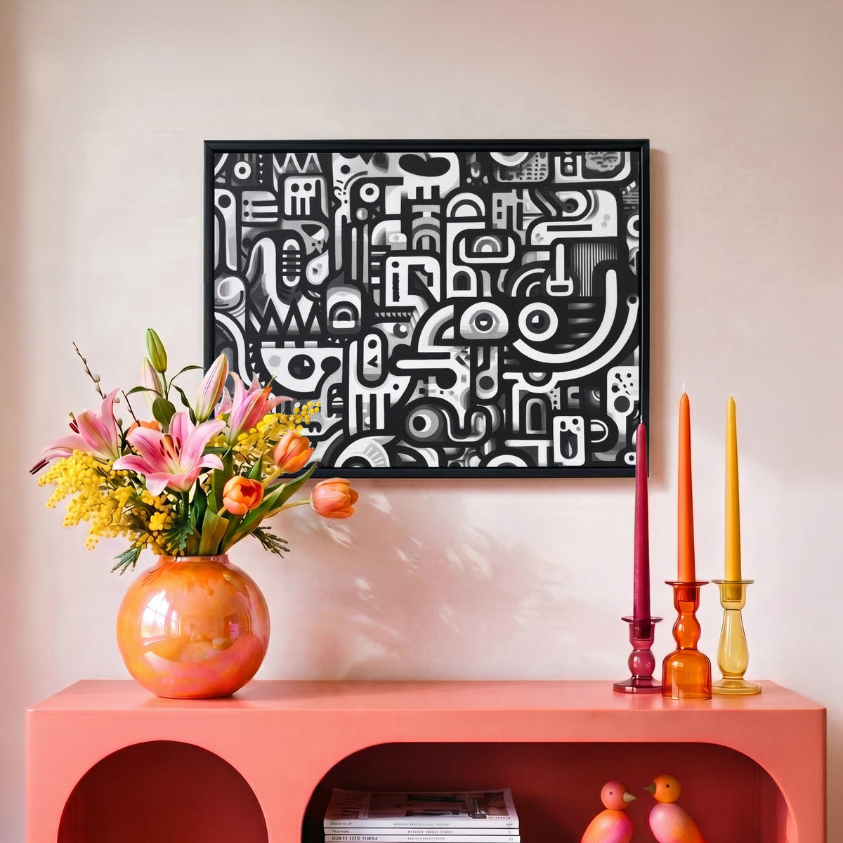 LEINWAND Bilder mit Rahmen - Symbole - Abstrakt - Grafik - Schwarz - 40x30 - Schwarz, Textil (40/30cm) - MuchoWow
