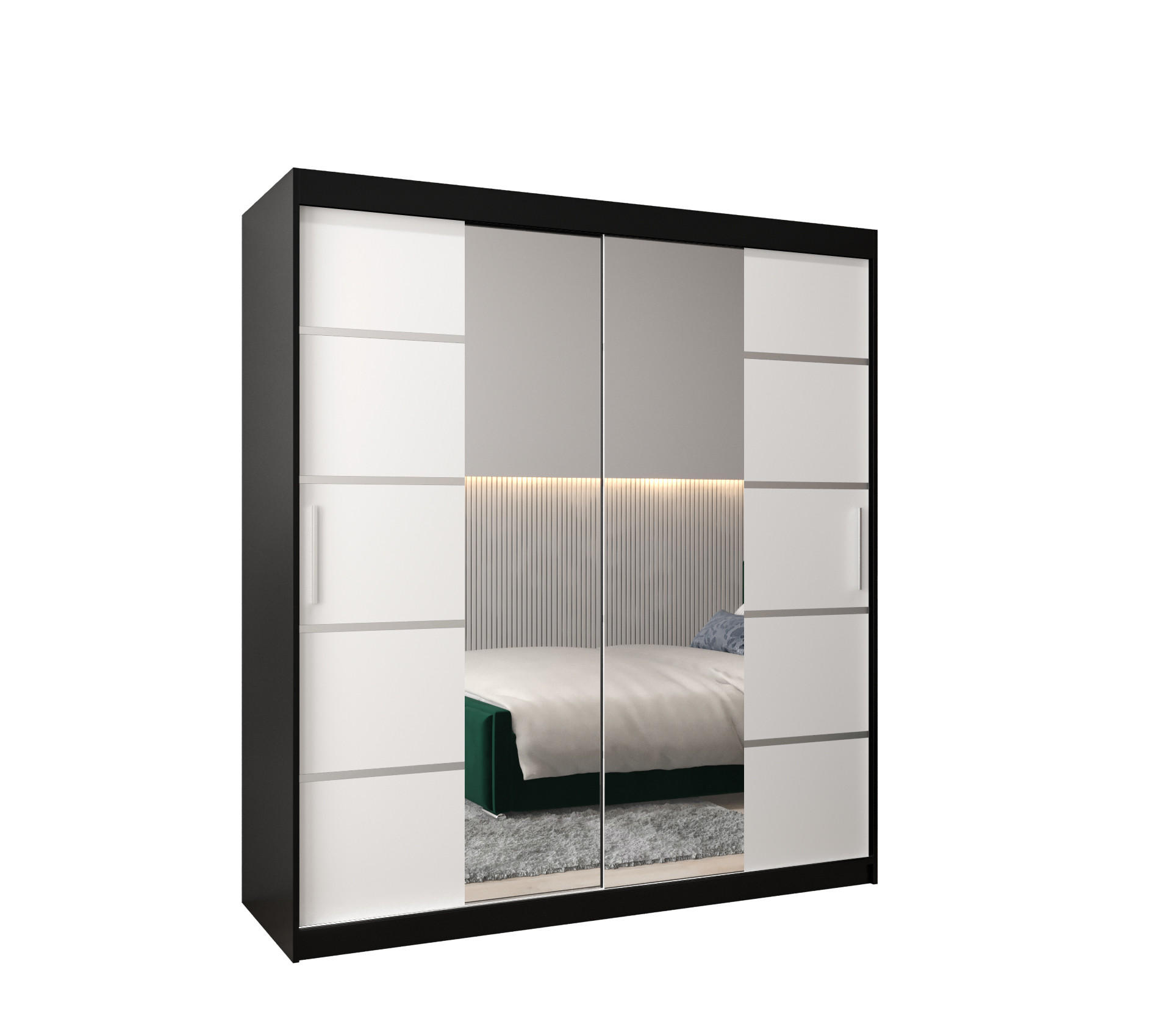 Möbel Kryspol Schwebetürenschrank Schwarz, Weiß, Silber 180x200x62 cm