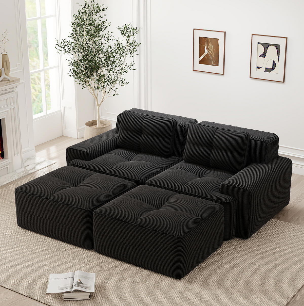 SOFA modular mit Tiefsitz 74 cm Cord Schwarz - Schwarz, Kunststoff (177/69/204.1cm) - Meubliv
