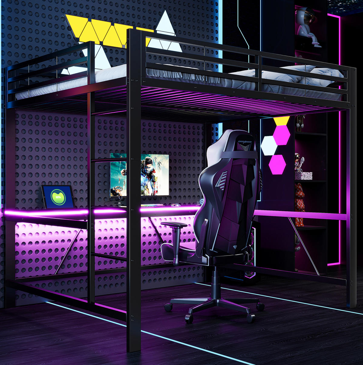 HOCHBETT aus Metall und MDF 160x200 cm Schwarz mit LED-Beleuchtung, Schreibtisch und Schutzgitter - Schwarz, Holzwerkstoff (160/200cm) - Modfu