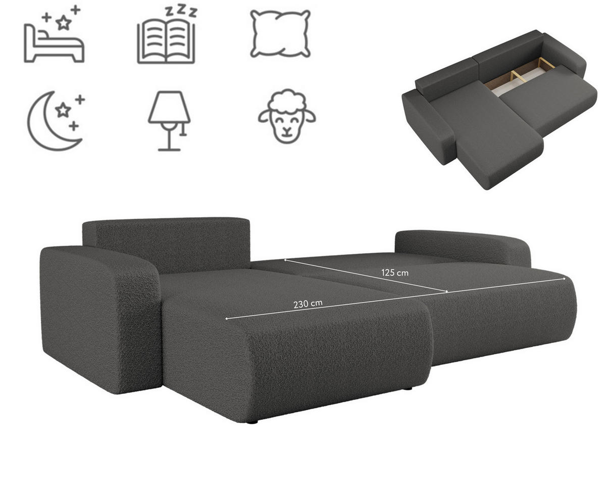 SCHLAFSOFA MILANO XL Und Bettkasten Stoff Quelle Graphit Links - Graphitfarben, Holz (145/82/274cm) - Kaiser Möbel