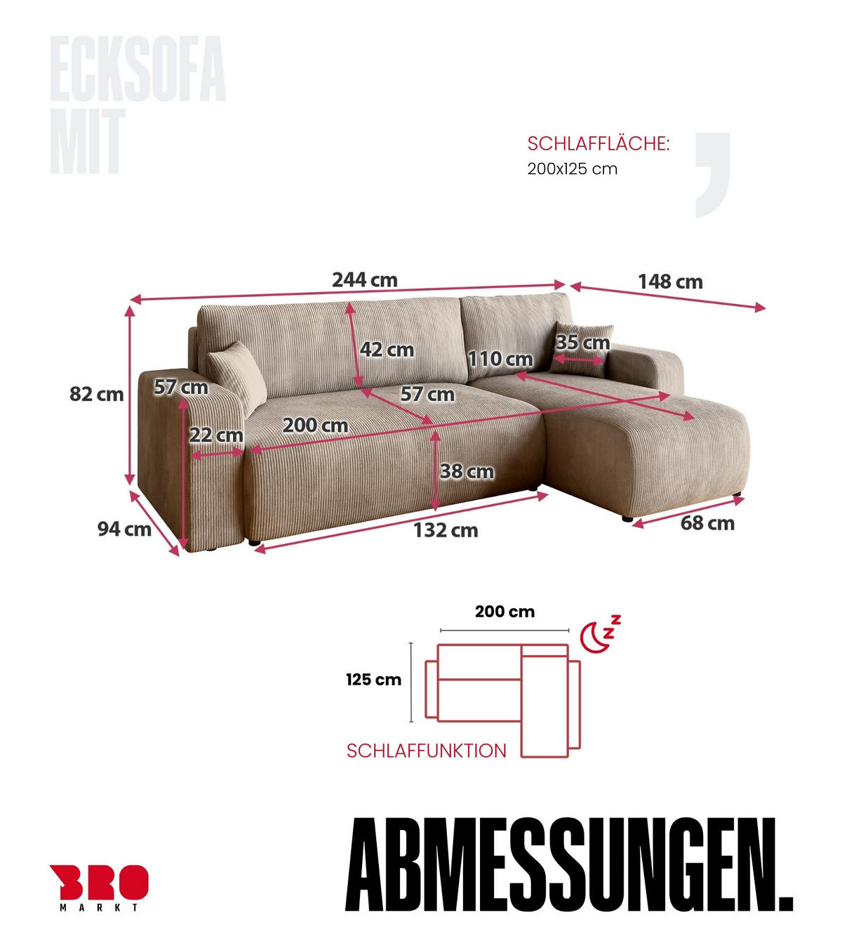 ECKSOFA PUMI mit Schlaffunktion Beige Cord - Beige, Textil (244/148cm) - Bromarkt