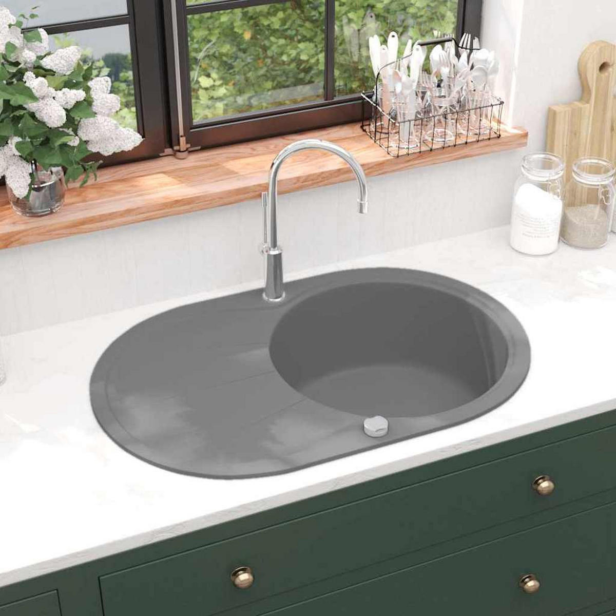SPÜLE Granit Einzelbecken Oval Grau - Grau, Stein (49/20.5/77cm) - vidaXL
