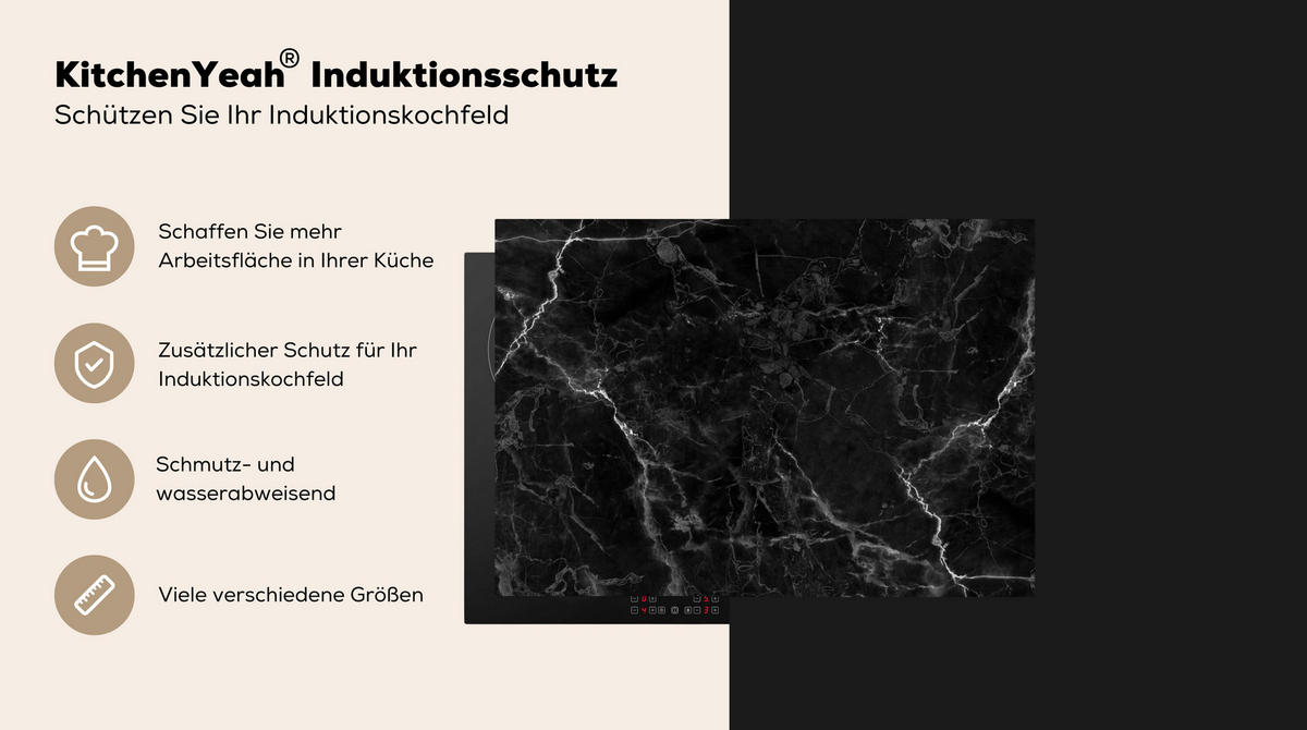HERDABDECKPLATTE Marmor - Schwarz - Weiß - Textur - Marmoroptik 75x52 cm - Silberfarben, Kunststoff (75/0.2/52cm) - MuchoWow