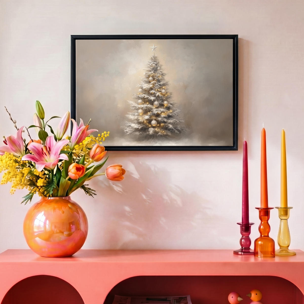LEINWAND Bilder mit Rahmen - Weihnachten - Weihnachtsbaum - Schnee - Kunst - 30x20 - Champagner, Textil (30/20cm) - MuchoWow