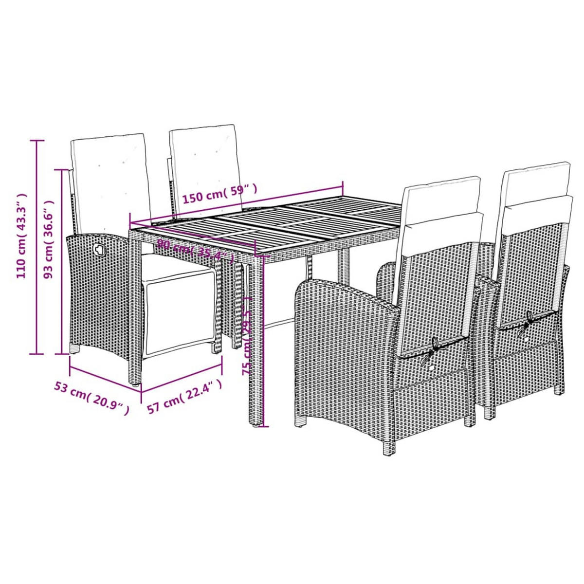 GARTEN-ESSGRUPPE 5-TLG. Mit Kissen Schwarz Poly Rattan - Schwarz, Kunststoff - vidaXL