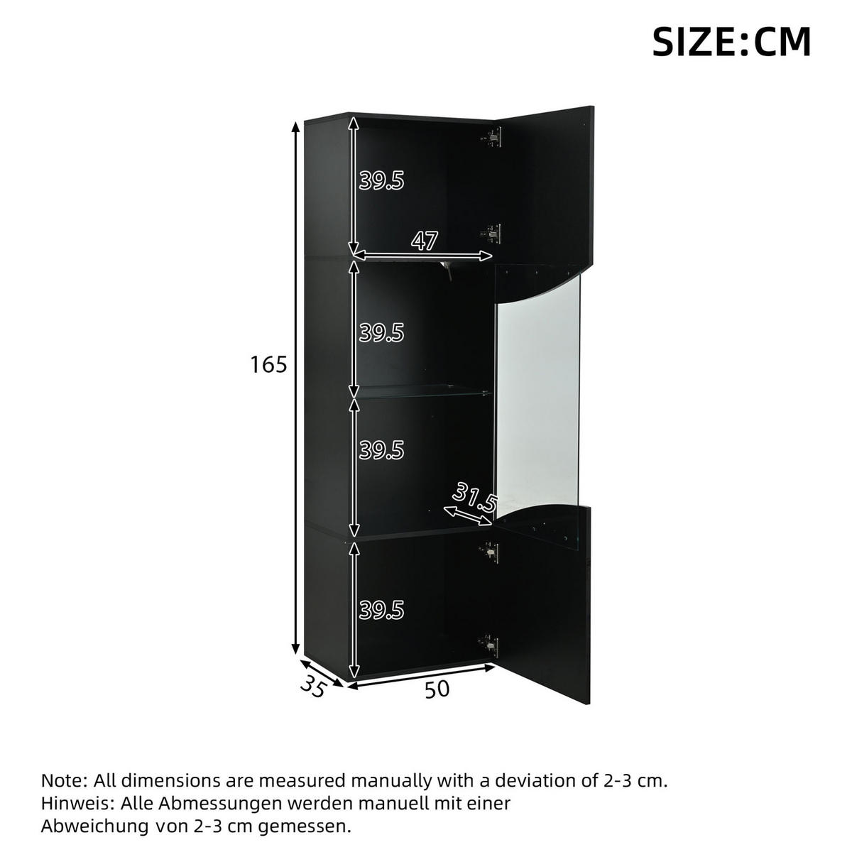 VITRINENSCHRANK mit LED 35 x 50 x 165 cm Hochglanz Schwarz - Schwarz, Holzwerkstoff (50/165/35cm) - Beauniv