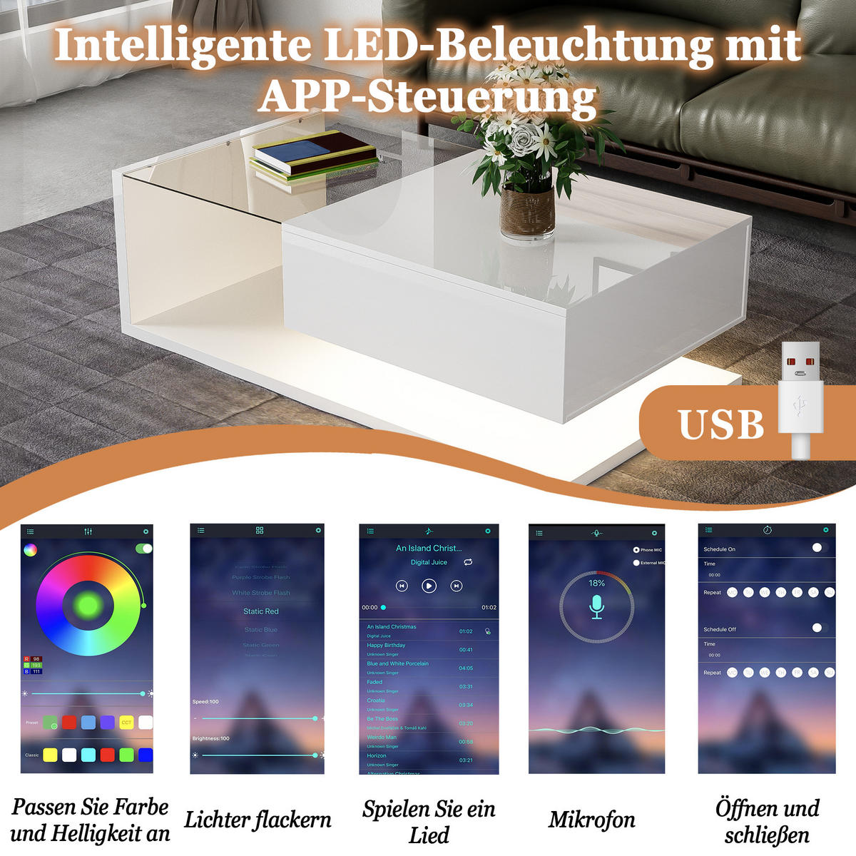 COUCHTISCH Hochglanzweiß mit Glas & LED-Effekt - Weiß, Holz (105/55/32.5cm) - FLIEKS