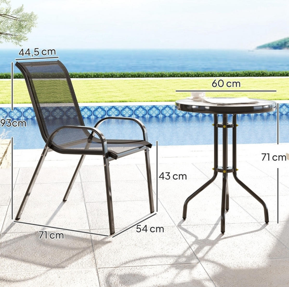 GARTENSETS aus Glas & Metall Ø60x71cm Schwarz mit stapelbaren Stühlen - Schwarz, Metall - Modfu