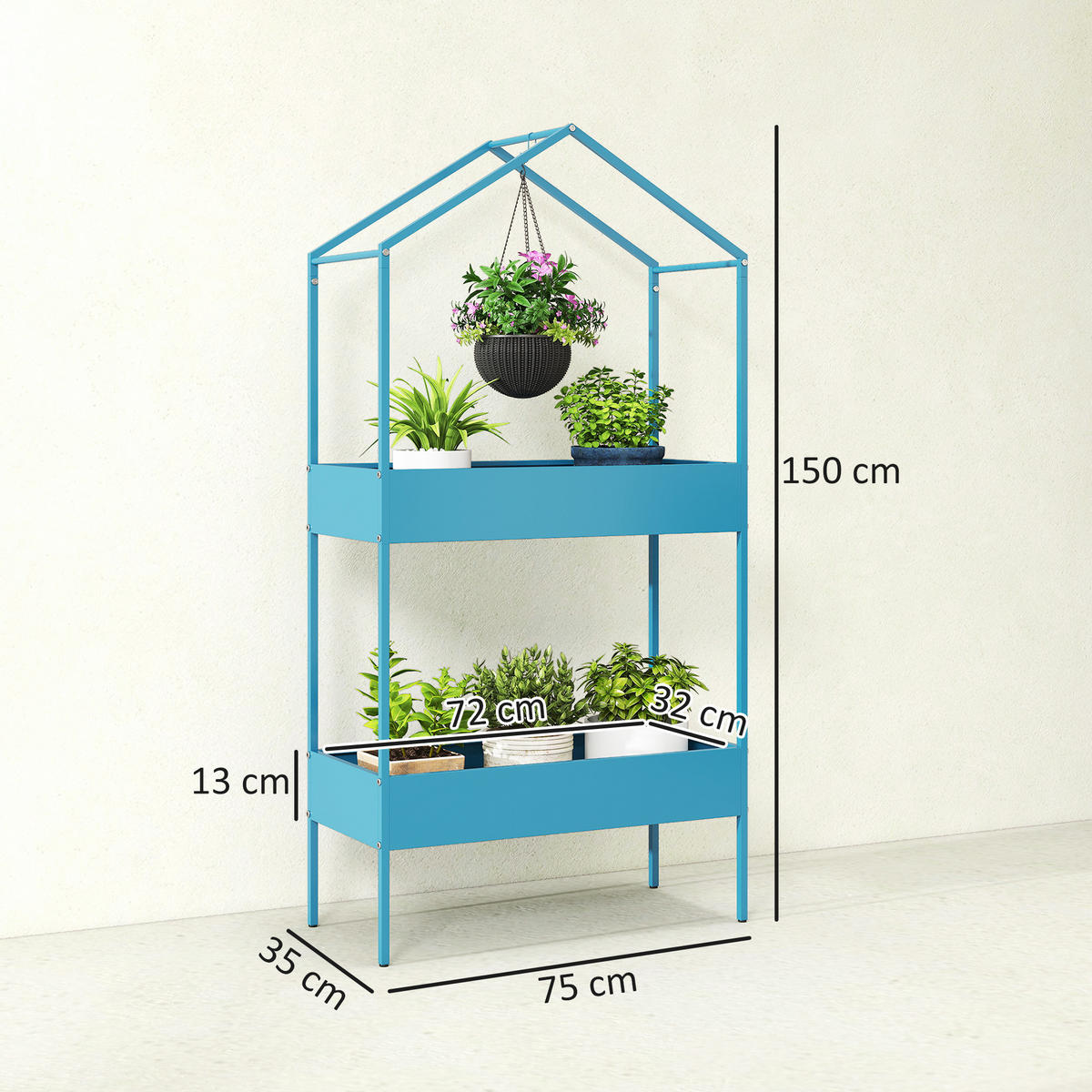 BLUMENTREPPE DE-12302 2-stufig, Hausform mit Haken Blaugrün - Blau, Metall (35/150/75cm) - ComfortXL