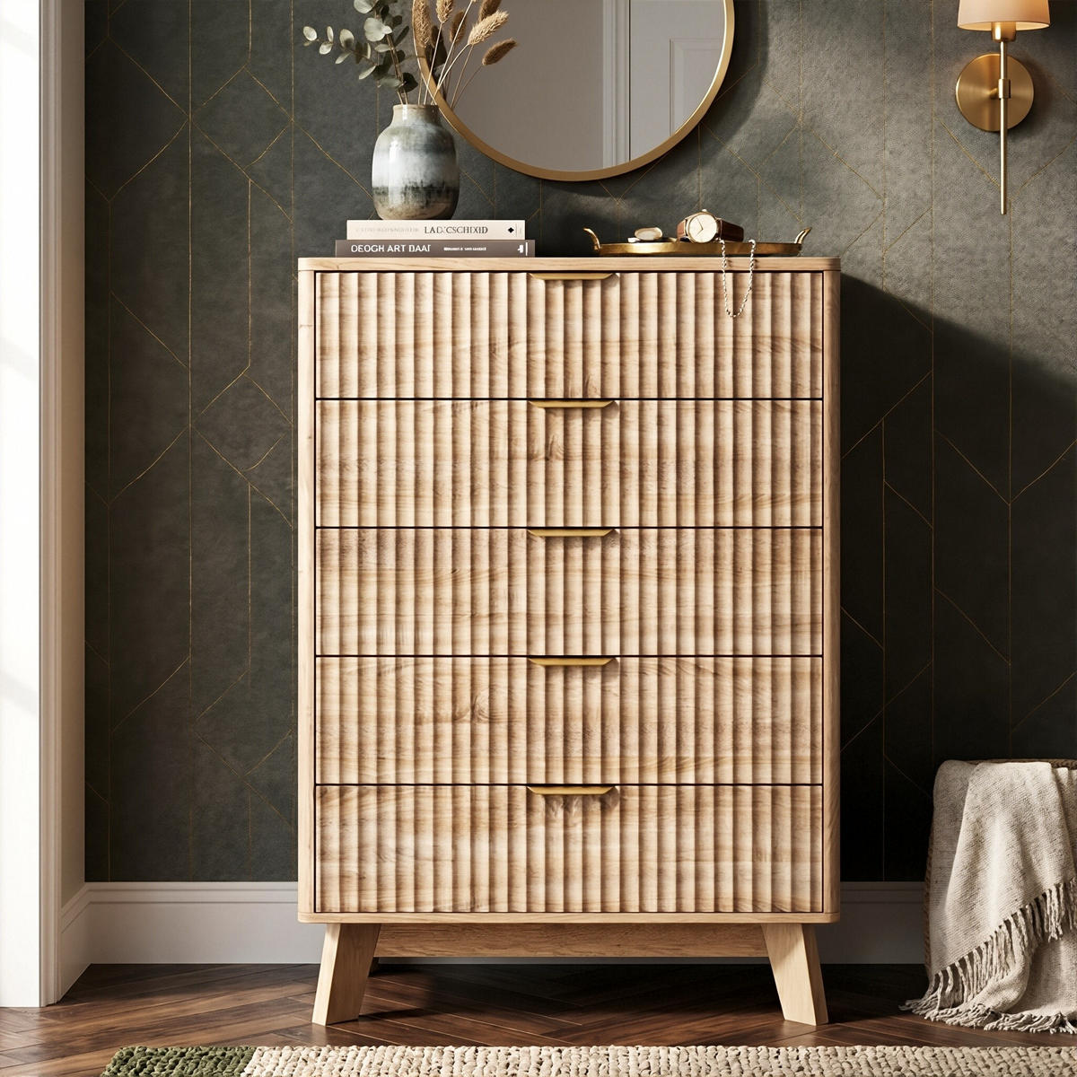 KOMMODE Wellen-Design mit 5 Schubladen 73/40/108 cm Eiche-Dekor - Eichefarben, Holzwerkstoff (73/108/40cm) - Creahappy
