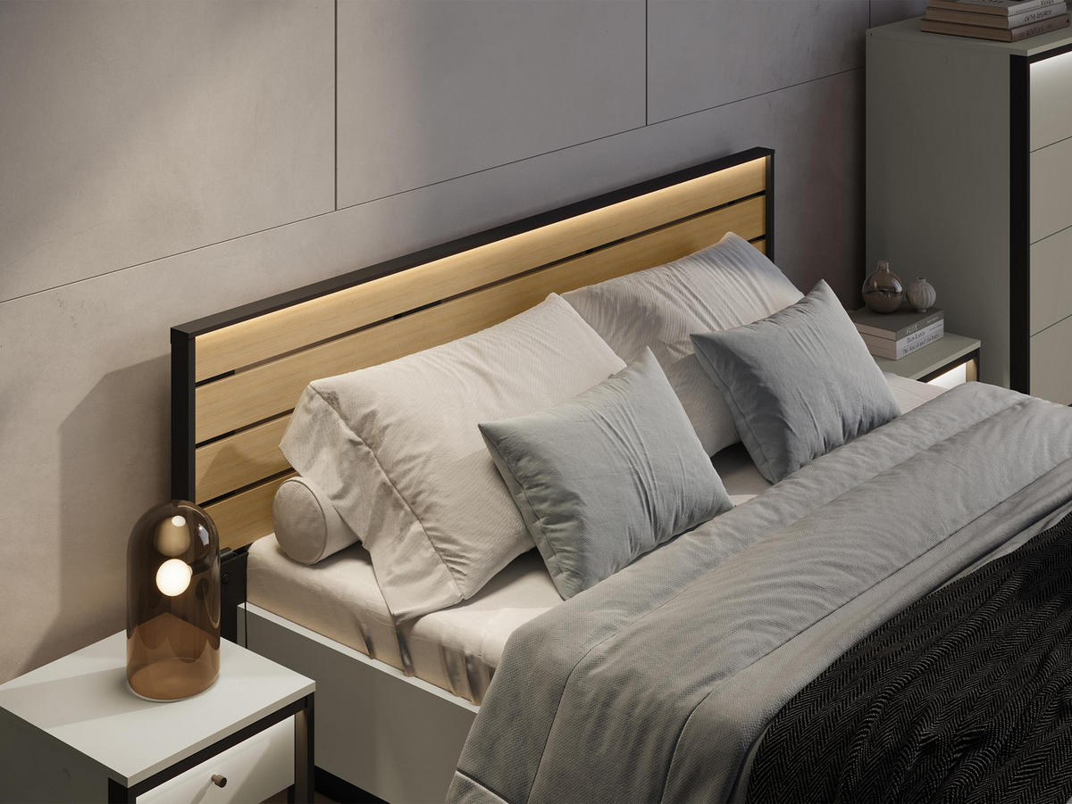 BETT Enna EN-02 - Sandfarben/Schwarz, Holzwerkstoff/Kunststoff (180/200cm) - MIRJAN24